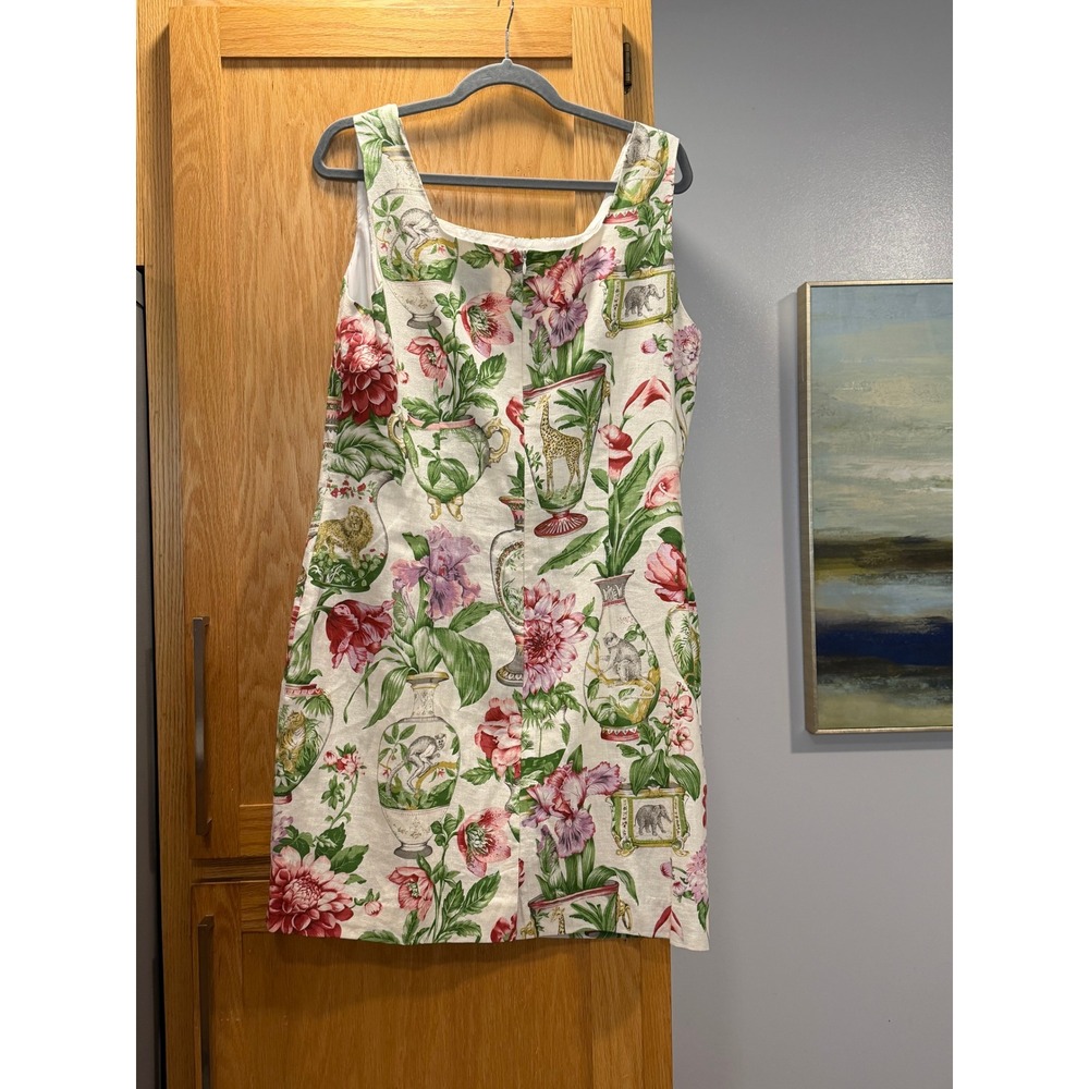 VTG Virgo Linen Blend Beaded Floral Cat Shift Dress Cream Multi Color Size 16